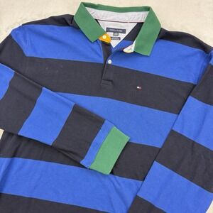Tommy Hilfiger Rugby Mens 3XL Blue Black Striped Polo Shirt Long Sleeve Y2K Flag
